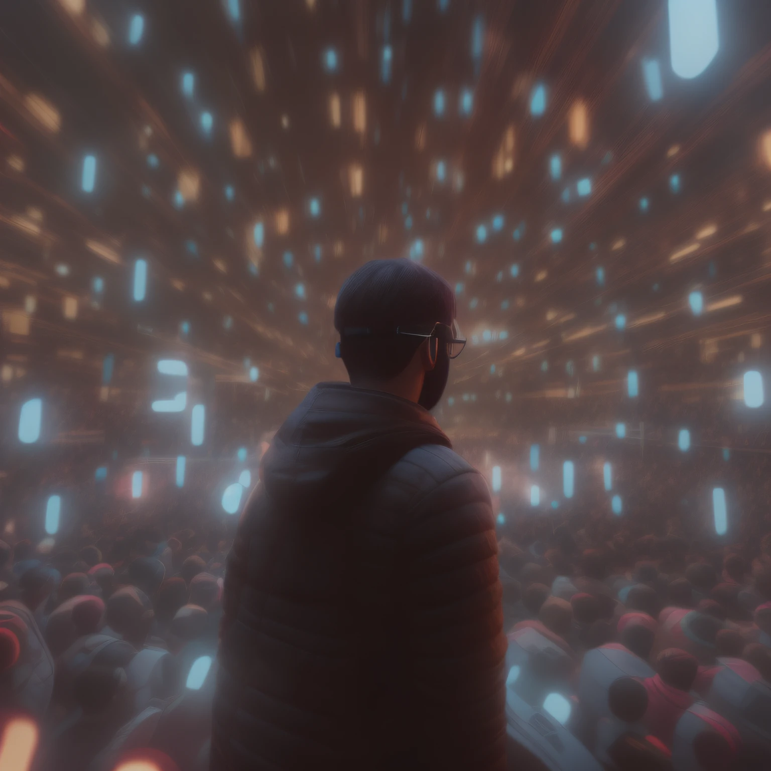 8K UHD, Original photo from DSLR, Photorealistic, ultra realisic, Cinematic Lightning, high detailed, High Quality , There are a lot of people standing in a room with lots of lighting, Crowds of Android, A large crowd of androids, 3 d render beeple, Beeple. octan render, style of : Beeple's Hybrid Mix, Connection with glowing tube 8K, beeple style, Beeple!!, digital art, digital art, Cinematic Beeple, A figure shining in the distance