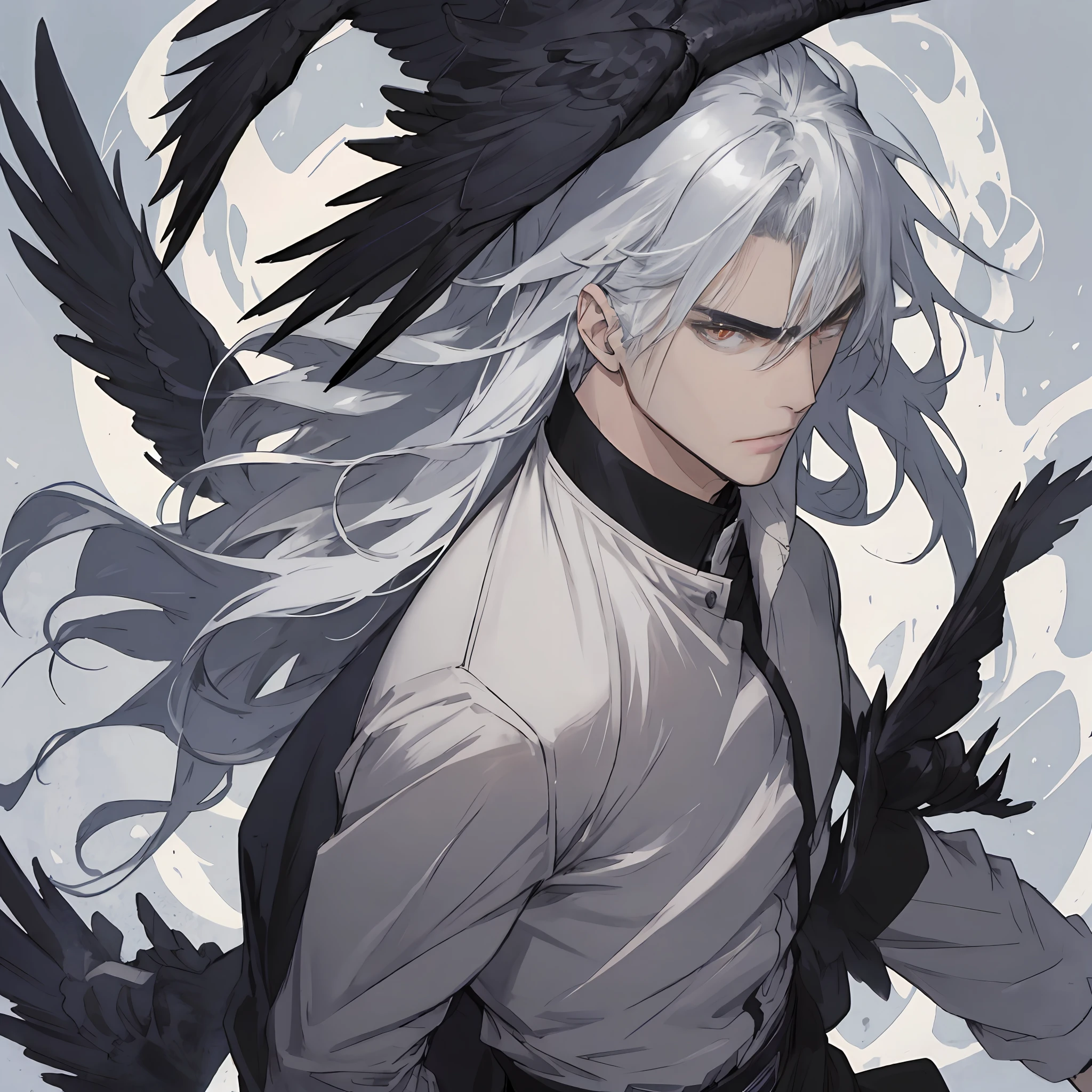 anime big breast， Comic texture，Pubic area is clear，male people，Silver hair flowing，Handsome，Powerful，Black Crow，Arrogant eyes