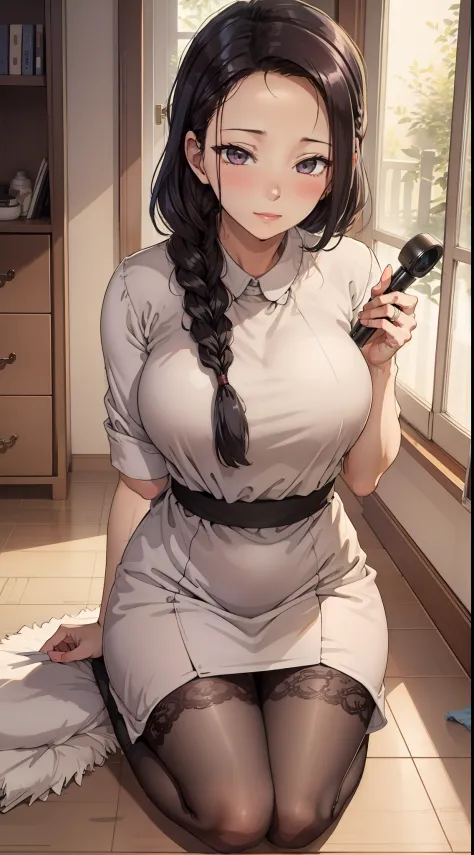 A housewife cleaning her room，sat on the ground，The eyes do not look at the lens，A shy look，Blushing mother，one braid，Smooth skin，Very meticulous clothes，Black stockings，extremly high detail，Random actions，interior scenes，is shy，kind，A MILF