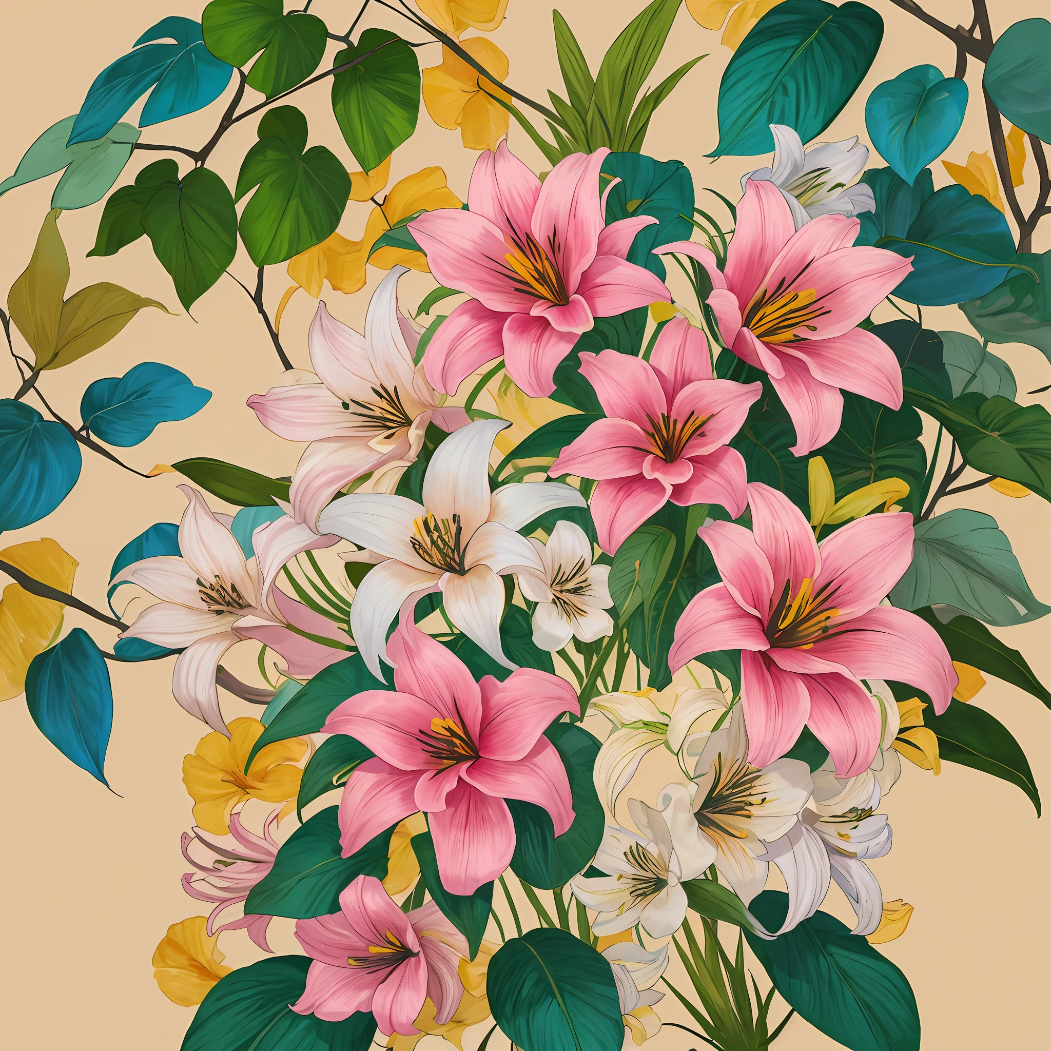 die Lilien，Drucken，Soft beige，pastel pink，Tropische Pflanzen,Flache Illustration，Maximalism，Helles Farbschema