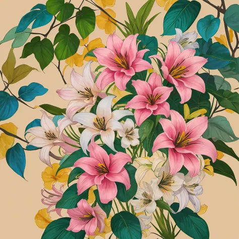 the lilies，Printing，Soft beige，pastel pink，Tropical plants,flatillustration，Maximalism，Bright color scheme