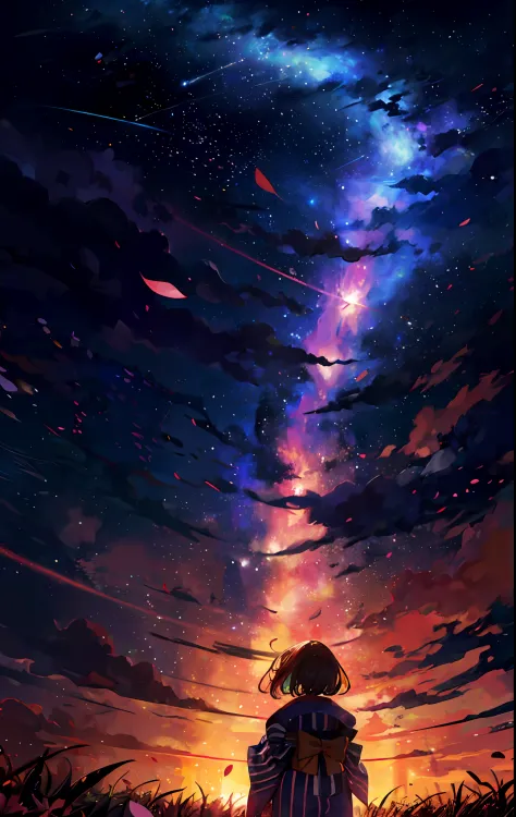 One, distant girl in kimono staring at the stars (reduced: 1.1), (meteor shower: 1.2), (comet: 1.1), your name, low angle, from behind, arrow labrealis shooting star, yukata, red kimono, cherry blossoms, highest quality standing in the field, masterpiece, ...