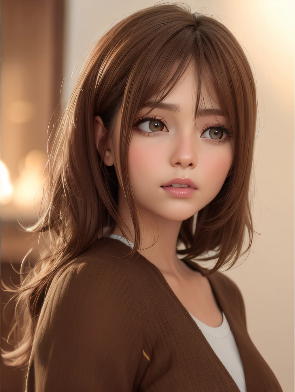 Close up portrait of a woman with brown shirt and brown hair, kawaii realistic portrait, realistic anime 3 d style, photorealistic anime girl render, 3 d anime realistic, Realistic art style, 8K portrait rendering, realistic cute girl painting, realistic art style, Smooth Anime CG Art, Photorealistic beautiful face, Anime Realism Style, realistic young anime girl