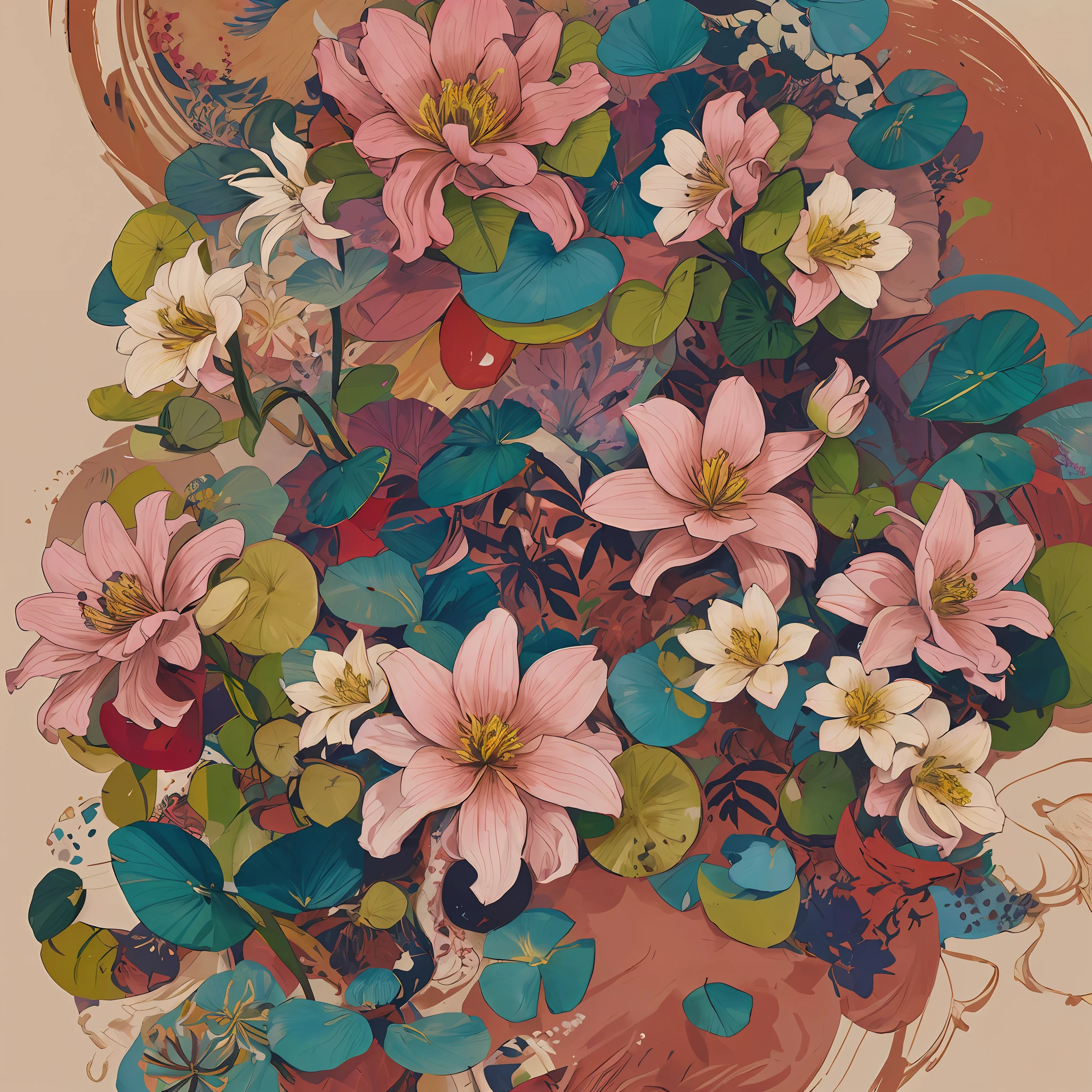 die Lilien，Drucken，Soft beige，pastel pink，Tropische Pflanzen,Flache Illustration，Maximalism，Helles Farbschema