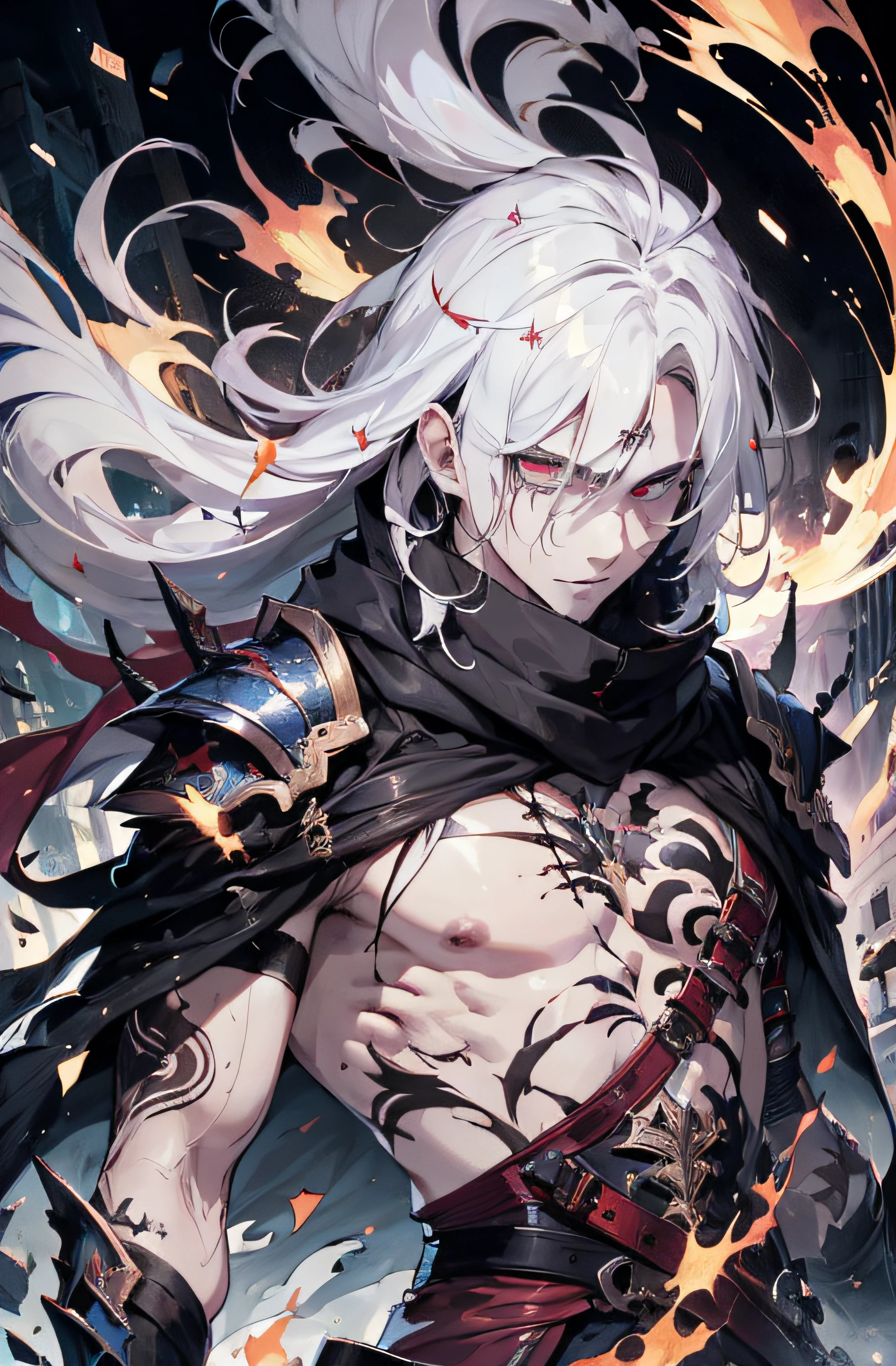 (absurdres, highres, ultra detailed), masterpiece, best quality, solo, a boy with white long hair, red and white robe, handsome, finely eye, detailed eye, vibrant red eyes, detailed face, black scarf, bare chest, carry two swords, dual-swords, tattoo, from below, look down, ruined city, dark background, swirl, spark