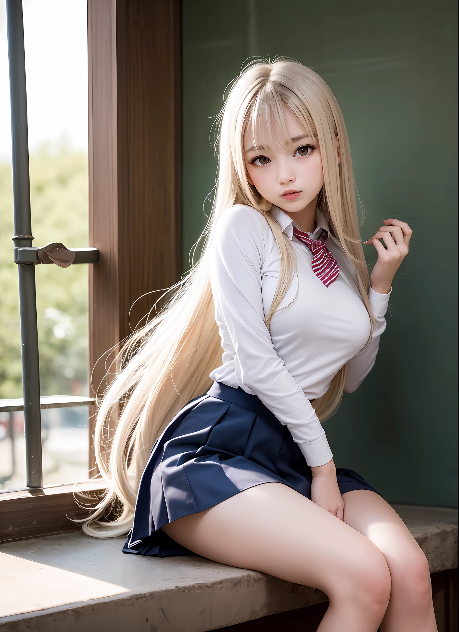 Swaying long school uniform、a miniskirt、Glowing white shiny skin、Sexy and very beautiful good looks、Nice and cute face、Gorgeous shiny platinum blonde hair、Super long straight hair、Big eyes of light blue with a radiant transparency、Sexy 16 year old beautiful cute beautiful girl