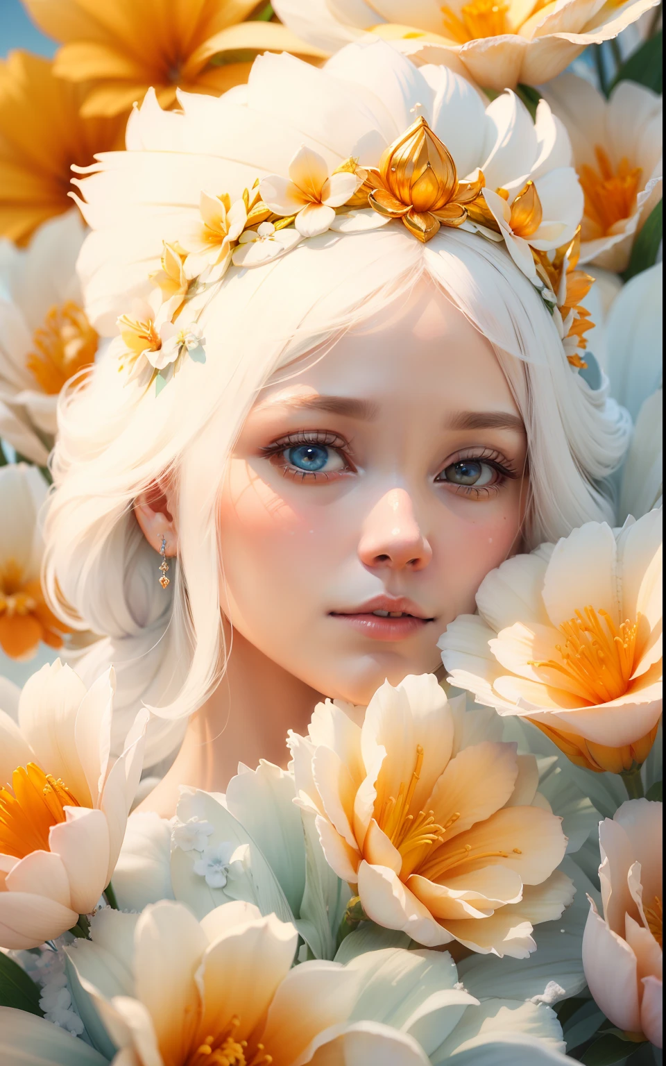 Beautiful detailed frost frost frosty Hawaiian white orange yellow winter queen soft many blue Hawaiian flowers hyperdetailed portrait 8k Leonardo da Vinci slight turn to the left --auto