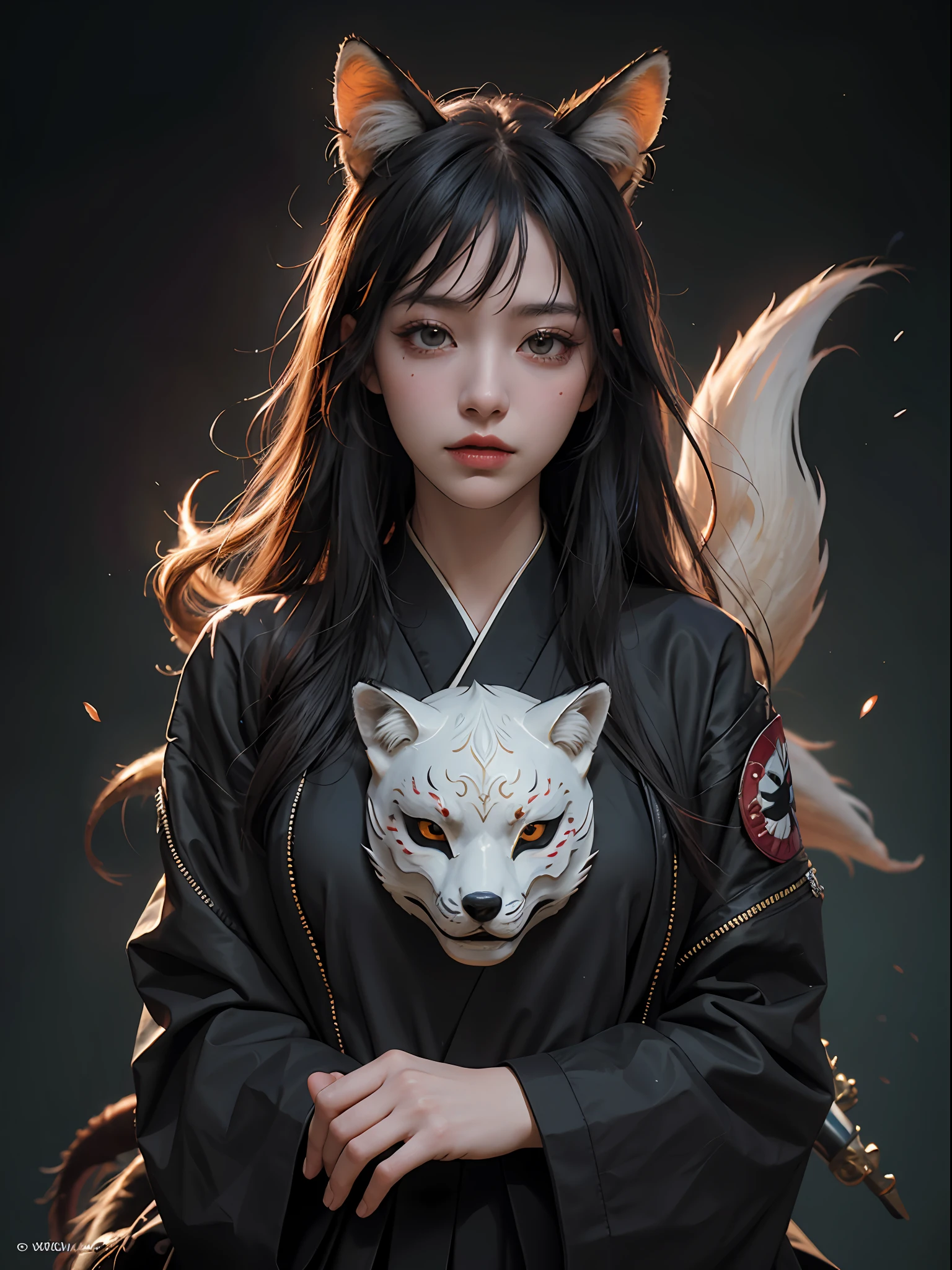 1girl, solo, official art, unity 8k wallpaper, ultra detailed, beautiful and aesthetic, masterpiece, best quality, photorealistic, (abstract background) (zentangle, mandala, tangle, entangle background:0.7) Kitsune, fox mask, haori jacket, foxfire spell, fox familiar, transformation, depth of field, Fantastical Atmosphere, the most beautiful form of chaos, elegant, a brutalist designed, flower of death, ecstasy of flower