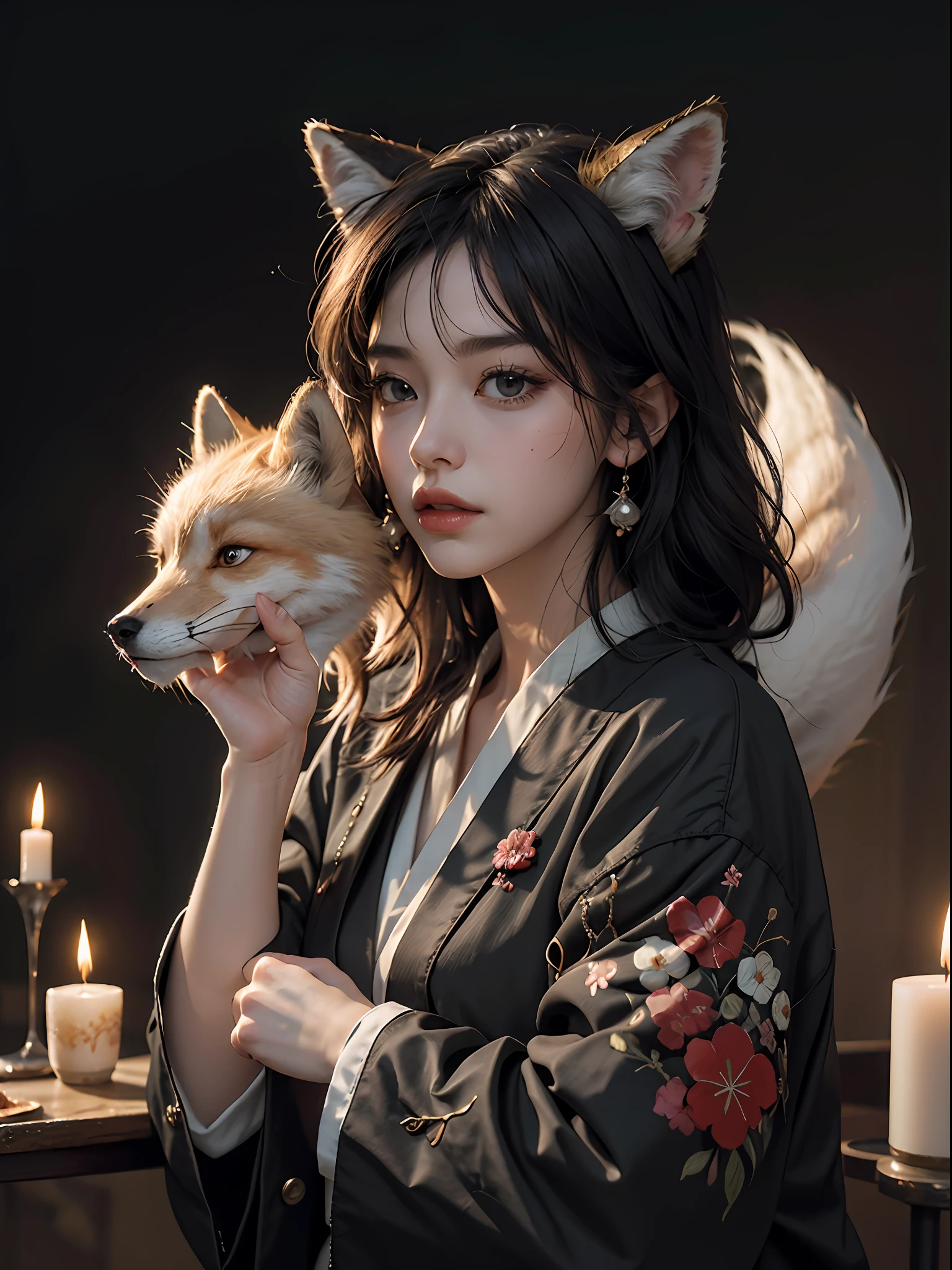 1girl, solo, official art, unity 8k wallpaper, ultra detailed, beautiful and aesthetic, masterpiece, best quality, photorealistic, (abstract background) (zentangle, mandala, tangle, entangle background:0.7) Kitsune, fox mask, haori jacket, foxfire spell, fox familiar, transformation, depth of field, Fantastical Atmosphere, the most beautiful form of chaos, elegant, a brutalist designed, flower of death, ecstasy of flower