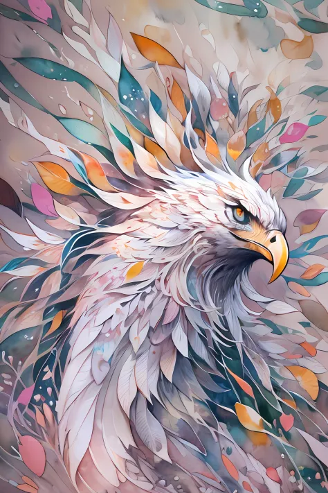 ( watercolor \(medium\), iriscompiet:1.2),side view of a eagle with long beak, face focus, abstract background, fantasy, many co...