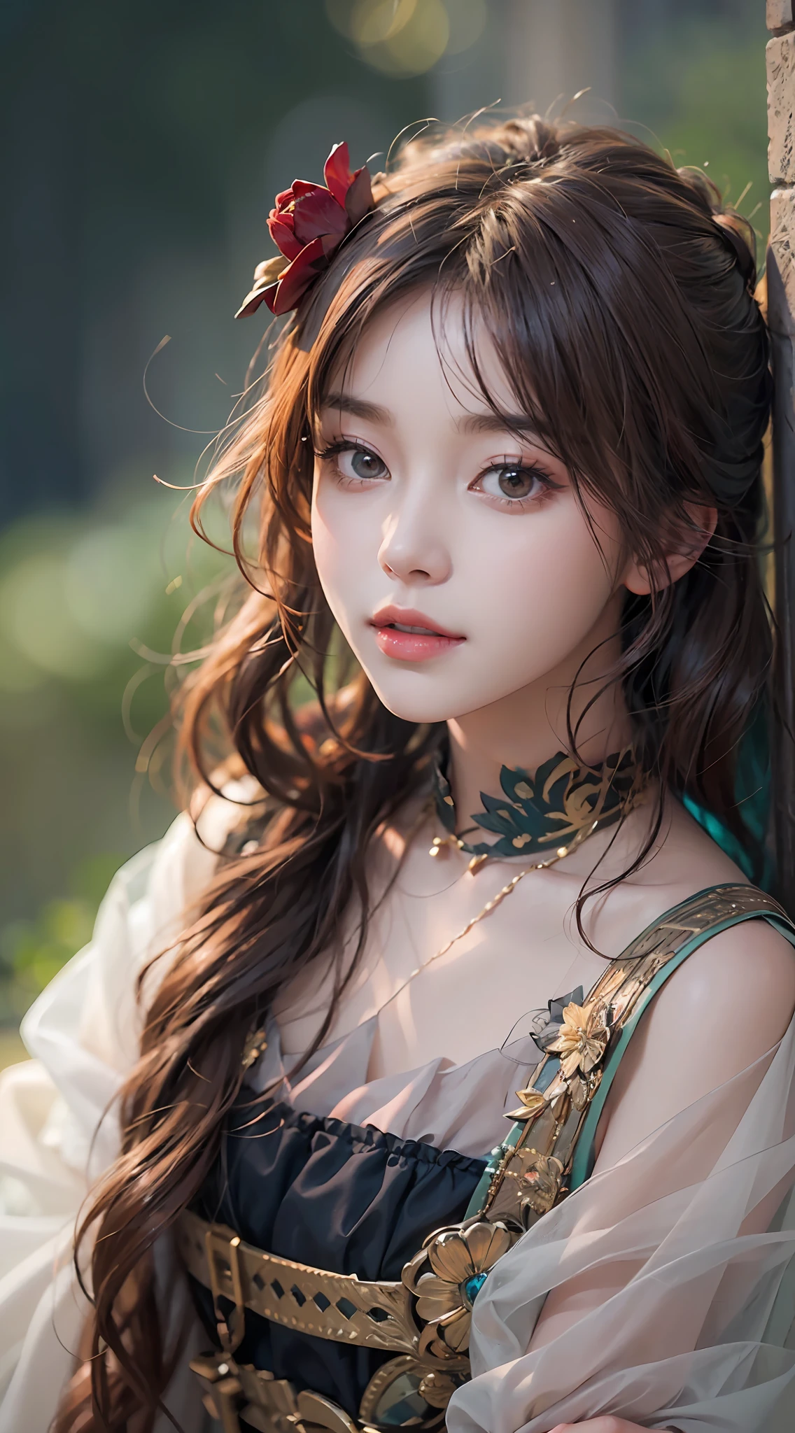 A beautiful young woman poses outside，A half body，dreamy hazy，In the style of Kawacy, Dark red and light black,webcam photography, Detailed costumes, Rodenstock Imagon 300mm F/5.8, Realistic impressions，soothing tones，pastel colour，