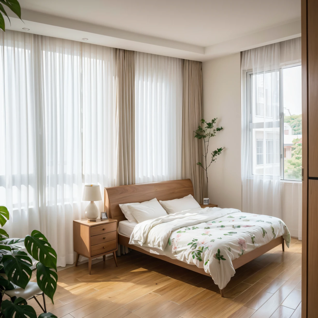 ，masterpiece, best quality，8k, ultra highres，It's like being in a tropical paradise，The modern minimalist design of the bedroom blends perfectly with Southeast Asian elements。High-end textured wooden floors，Contrasted with lightweight white linens and pillows，It creates a dreamy atmosphere like the clouds。Fresh greenery dots it，It's like smelling the refreshing greenery。Open the curtains，Sunlight spills onto the ground through the blinds，One can't help but look forward to every morning。Relax，Enjoy an intimate and luxurious journey through Southeast Asia。