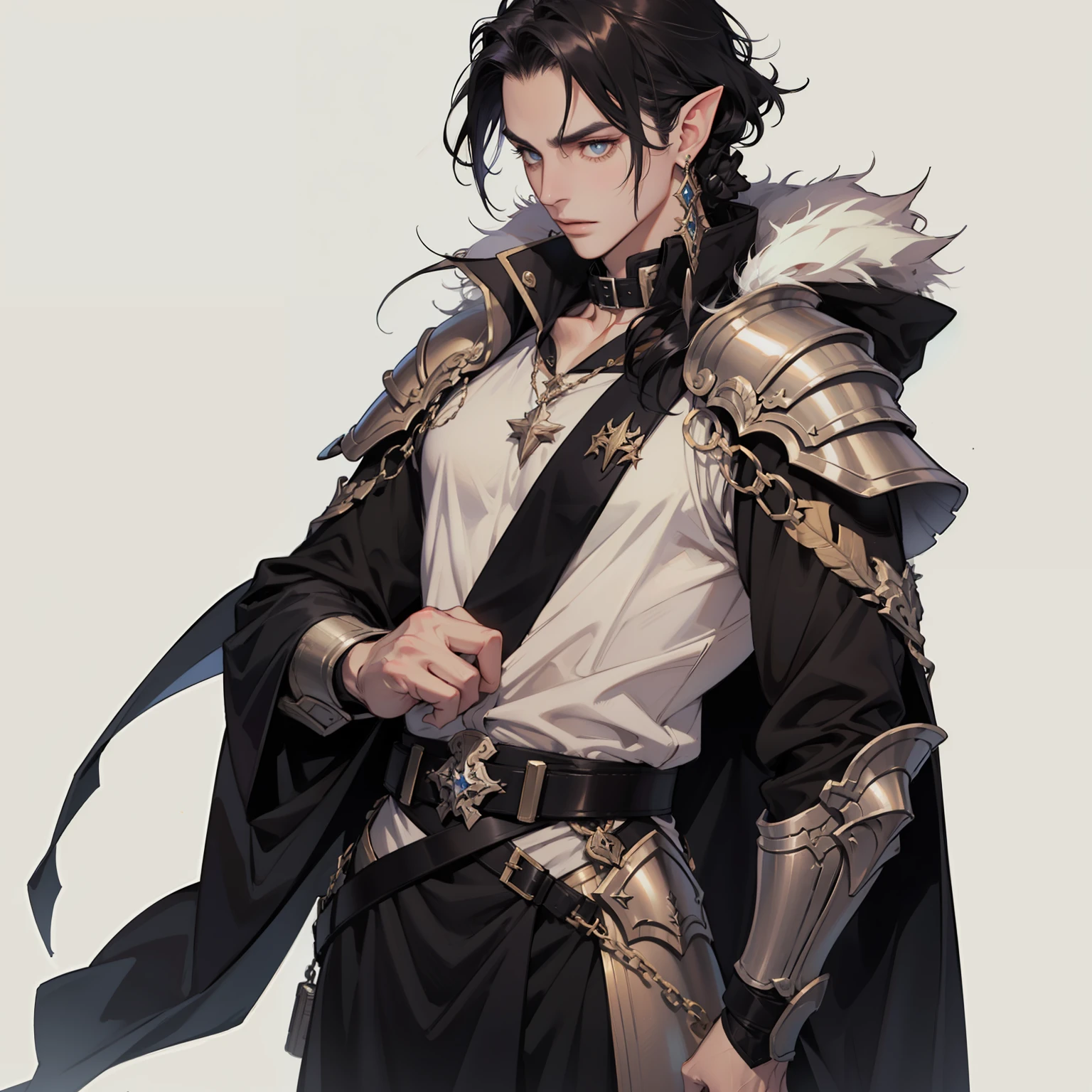 Male mage，with black curled hair，Elves，Black costume，The costume design comes with elements of armor，goth style。Western fantasy style，Concise background。Concise background