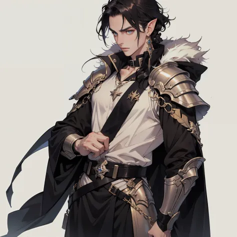 Male mage，with black curled hair，Elves，Black costume，The costume design comes with elements of armor，goth style。Western fantasy ...