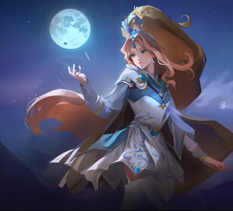 a woman in a white dress and a blue cape is standing in front of a full moon, goddess of the moon, lunar goddess, lunar themed a...