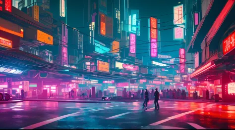 cyberpunk city inspired by 'blade runner' movie with a vast world of metal and neon lights in cyberpunk style with people walkin...