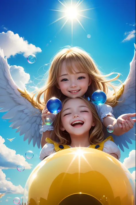 angelicales、Beautiful fece、Happy smile、Gentle background、​​clouds、Colorful clouds、Fantastical、Bright background、high-level image...