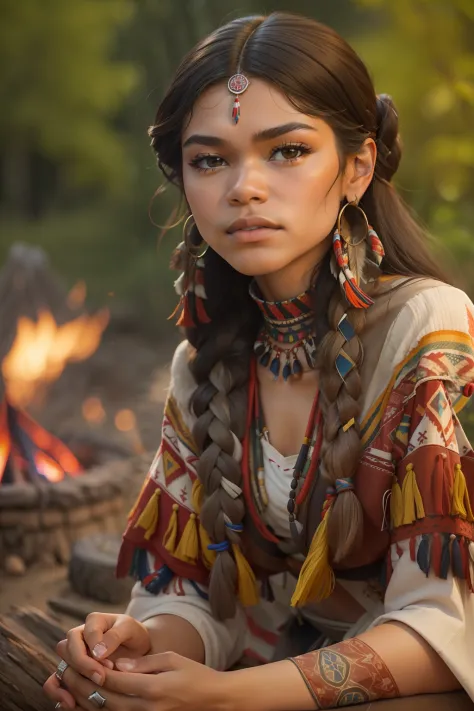 ((Zendaya is a native American woman)), ((who wears the typical clothes of a squaw)), (sitting on a campfire), ((schlanke frau))...