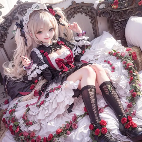 （ultra best quality、8K、Master masterpiece、Photorealsitic）、Adorable Caucasian Girl、Plump body（very large breast）、(Gothic Lolita D...