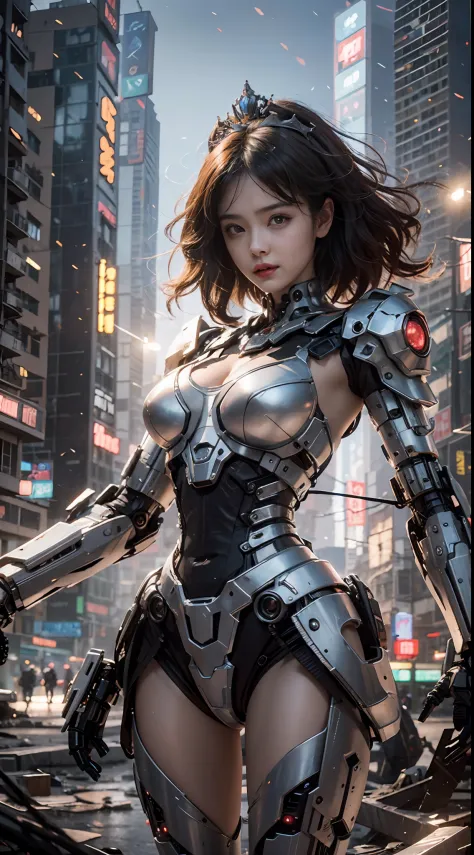 ((Best Quality)), ((Masterpiece)), (Very Detailed: 1.3), 3D, Icaru valkirie-mecha, Beautiful cyberpunk woman wearing crown with her red and blue mecha in ruins of a forgotten war city, long red hair, sci-fi technology, HDR (High Dynamic Range), ray tracing...