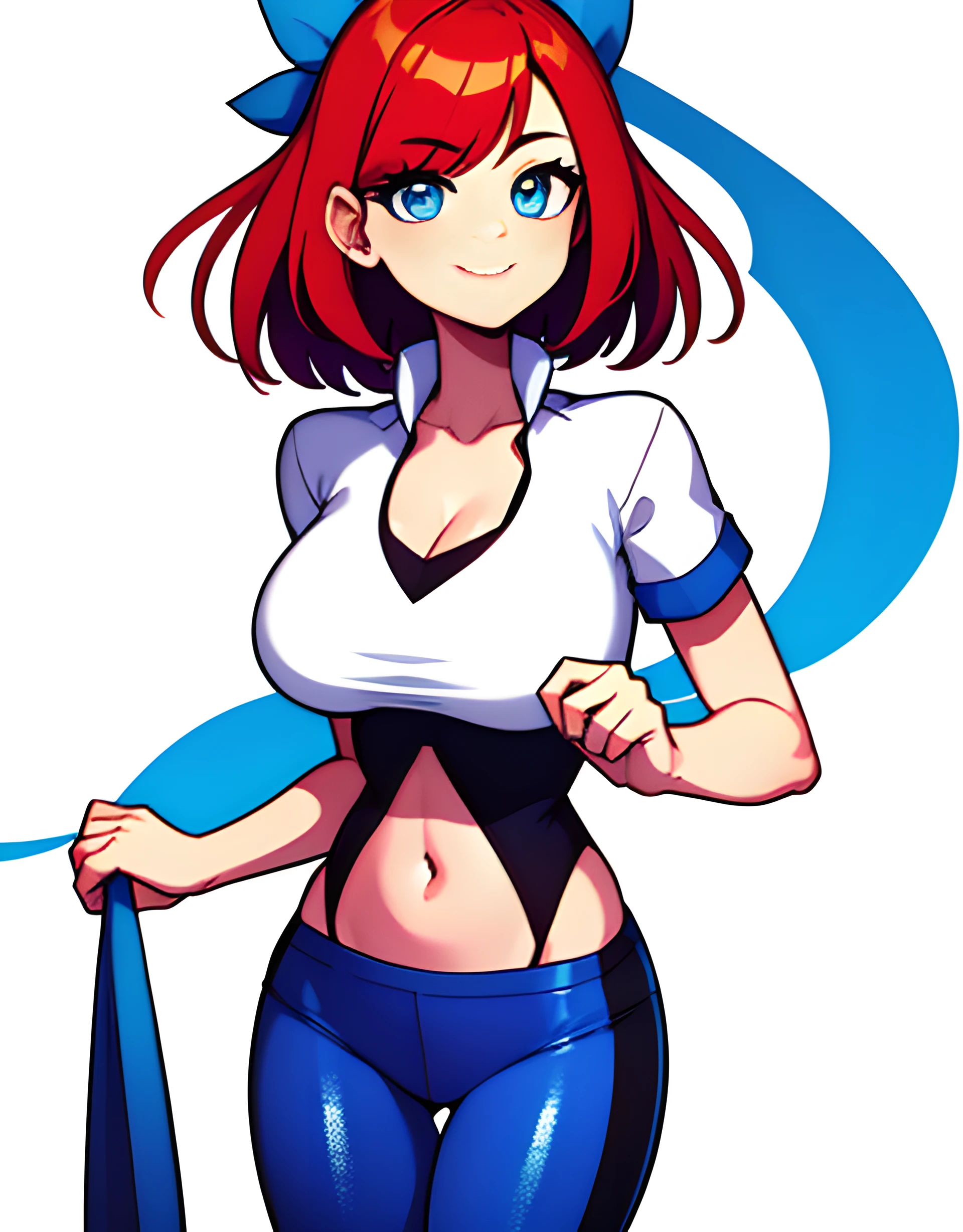 (high quality), 1 girl, (hotify:1.2),27 years old,tall,red_hair,short hair, detailed hair, smile,white shirt,only shirt,short shirt, big breasts, (wide hips:1.2), blue leggings, body tight leggings, perfect eyes, blue eyes and detailed,detailed eyes, bare navel, free hands, intricate details, best quality,1girl,ultra high res, full body, multiple views of the character in the same outfit, simple background, white background,