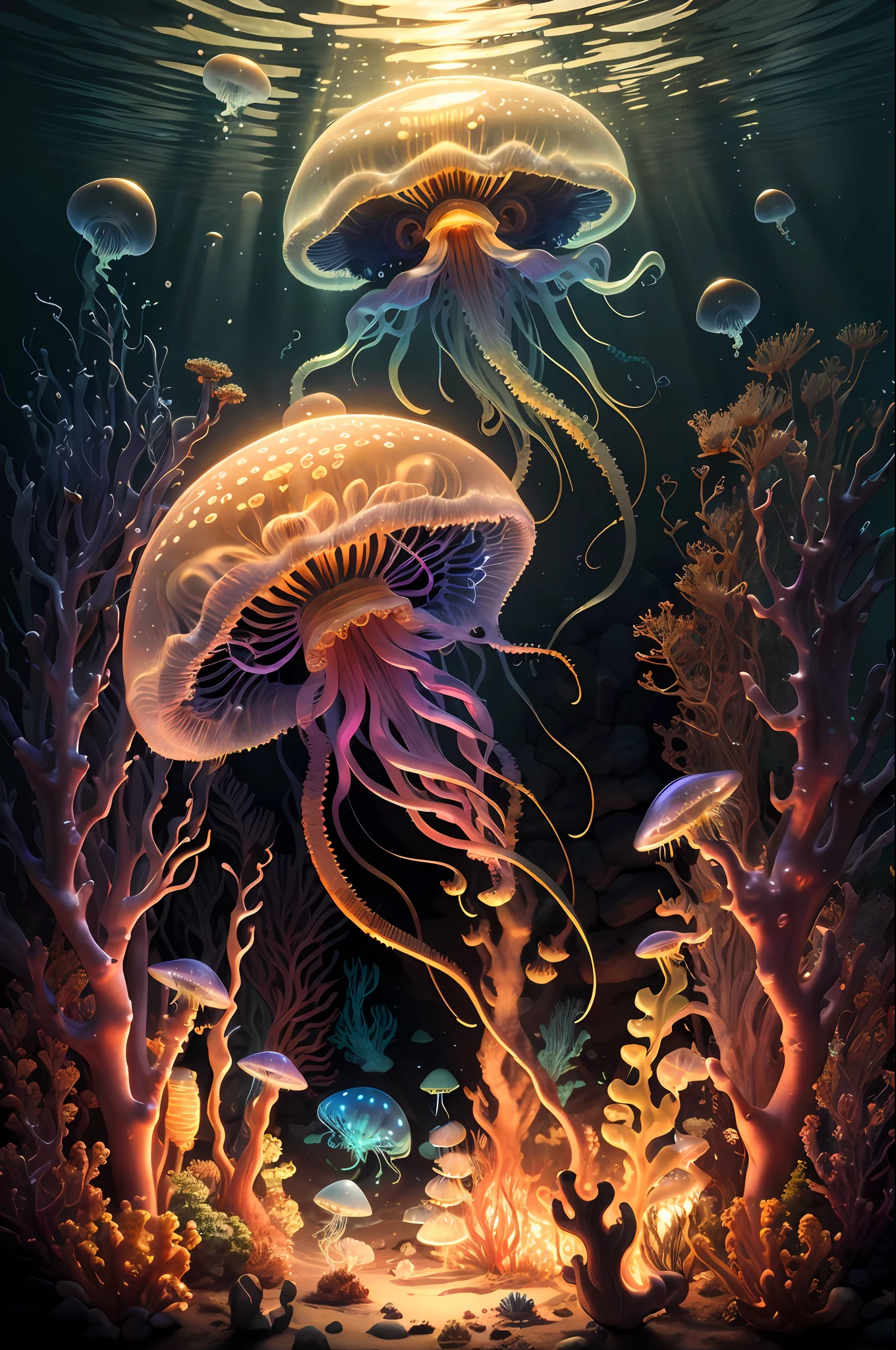 (Masterpiece, best quality: 1.3), highres, (8k resolution), (ultra-detailed: 1.1), madgod, stop motion, horror, no humans, bright, monster, underwater, jellyfish, photorealistic, bright: 0.3, (details: 1.2), volumetric lighting, (extremely detailed), only jellyfish