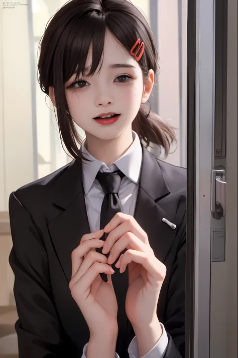 tmasterpiece，best qualtiy，ultra - detailed，illustratio，epic lighting，cinematic compositions，isometry，1girll，独奏，adolable，with brown eye，Black color hair，sweeping bangs，single hair，red hair clips，blouse with a white collar，black necktie，Black pantsuit，formal...