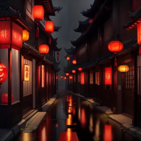 Mysterious night，Red lanterns on the corner，smooggy，Intricate roads，Chinese style buildings，optical illusions。