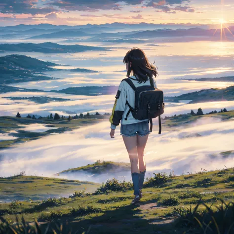 The vast sky, beautiful skyline, large grasslands, extremely tense and dramatic pictures, moving visual effects, the high-hanging Polaris, and colorful natural light. Long-sleeved top, denim shorts, and a girl with a backpack. --auto