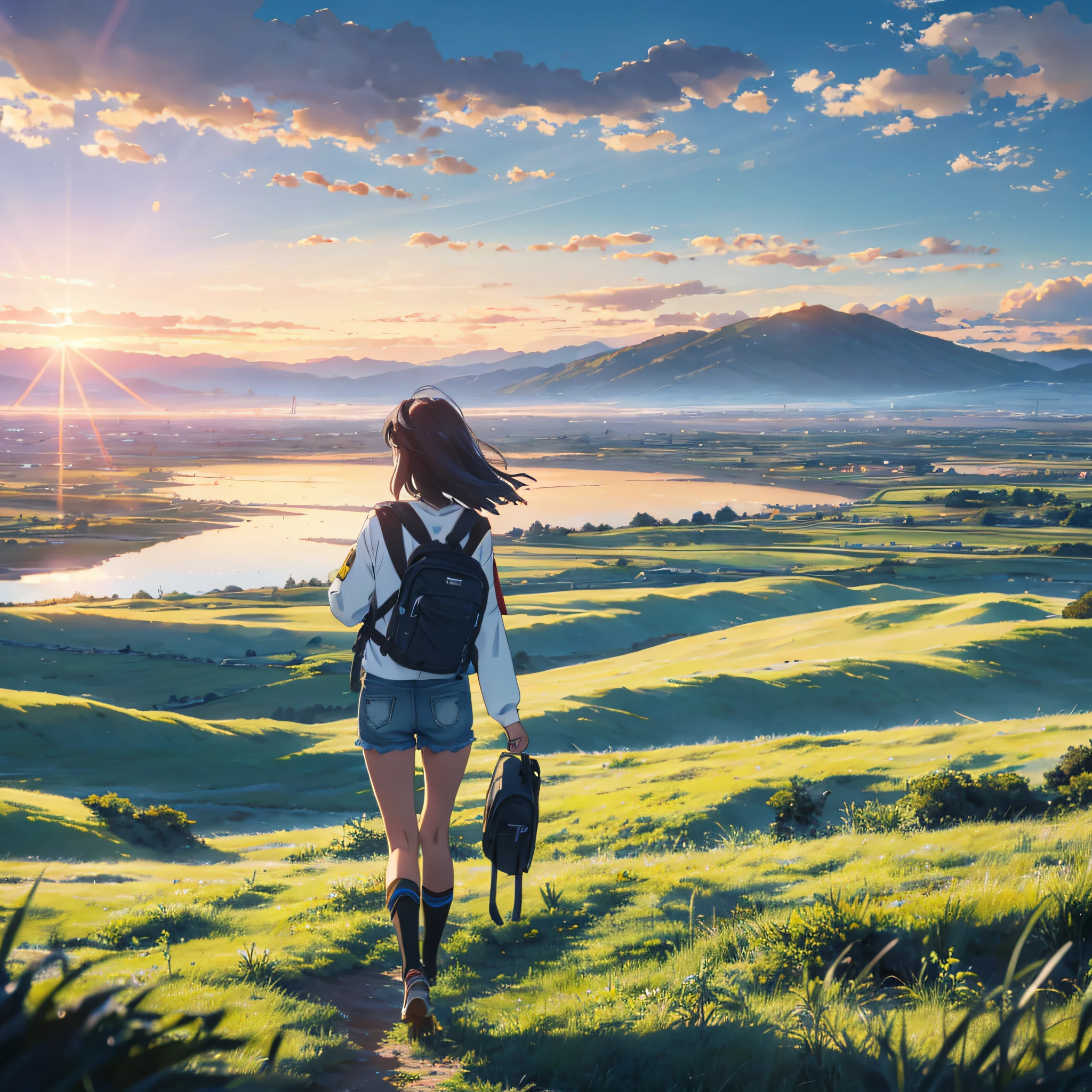 The vast sky, beautiful skyline, large grasslands, extremely tense and dramatic pictures, moving visual effects, the high-hanging Polaris, and colorful natural light. Long-sleeved top, denim shorts, and a girl with a backpack. --auto
