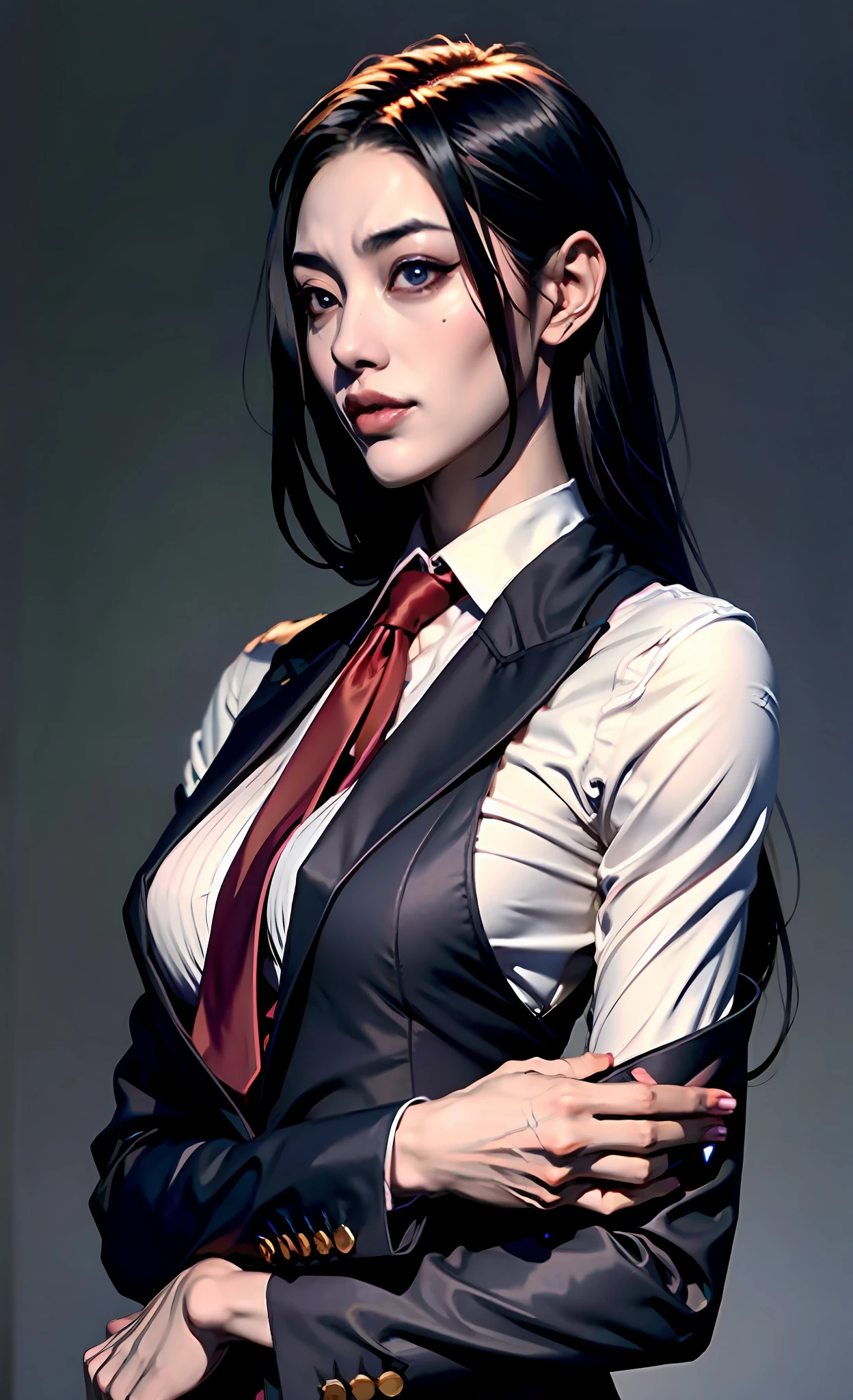 Close-up of a girl in a suit and tie, androgynous vampire, junji ito 4 k, with long dark hair, ito junji art, style of junji ito, Dark Costume, portrait of sadako of the ring, Beautiful androgynous princess, Gentle androgynous princess, with her long black hair, girl in suit, (Lovely Medium Breasts), perfect anatomy, (Gloomy color scheme:1.5), (skinny body)