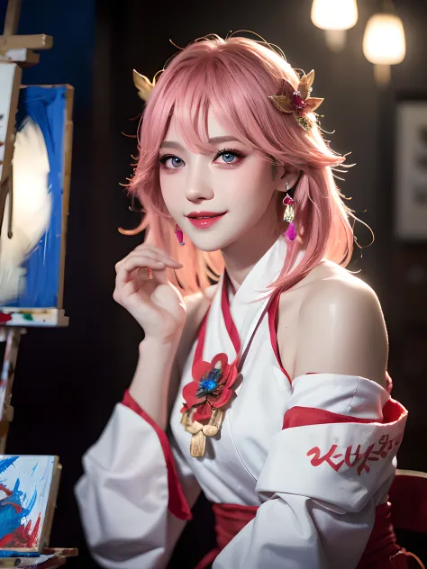 kpop idol, yae miko, detached sleeves, bare shoulders, pink hair, long hair, japanese clothes, best quality, (painting:1.5), (hair ornament:1.35), jewelry, purple eyes, earrings, breasts, torii, cherry blossoms, lantern light, depth of field face focus, ri...