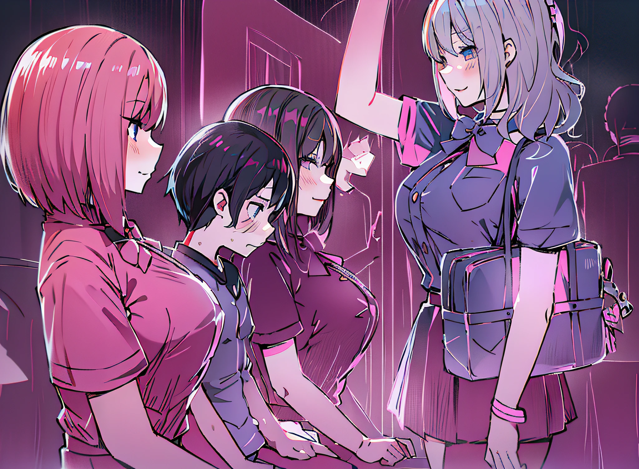 Anime girls in school uniforms talking to each other, In the middle is a little boy，touching her clothes,Edgeie anime style, ( ( ( yoshinari yoh ) ) ), eechi, Edgee style, as a manga panel, Yandere, High school girls, Anime girls