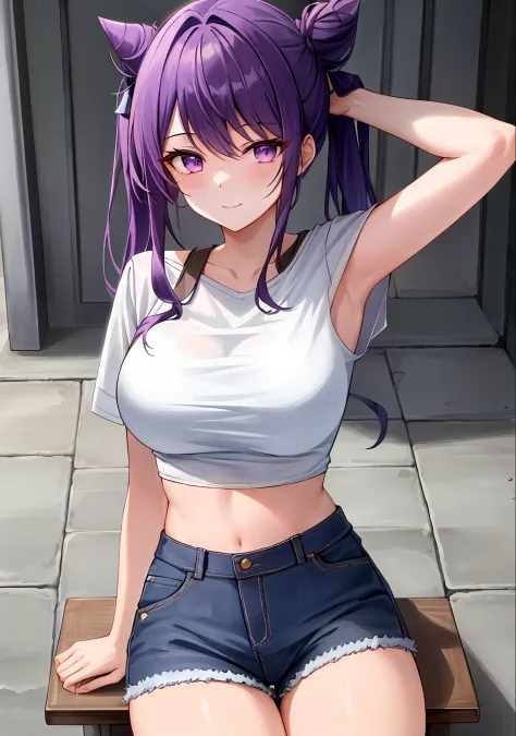 (masterpiece, best quality, ultra-detailed), keqing \(genshin impact\), (purple hair), cone hair bun, twin tails, long hair, swe...