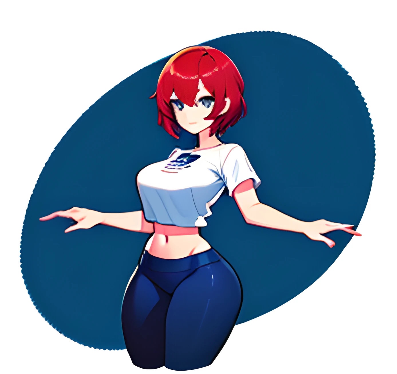 (high quality), 1 girl, (hotify:1.2),27 years old,tall,red_hair,short hair, detailed hair, smile,white shirt,only shirt,short shirt, big breasts, (wide hips:1.2), blue leggings, body tight leggings, perfect eyes, blue eyes and detailed,detailed eyes, bare navel, free hands, intricate details, best quality,1girl,ultra high res, full body, multiple views of the character in the same outfit, simple background, white background,