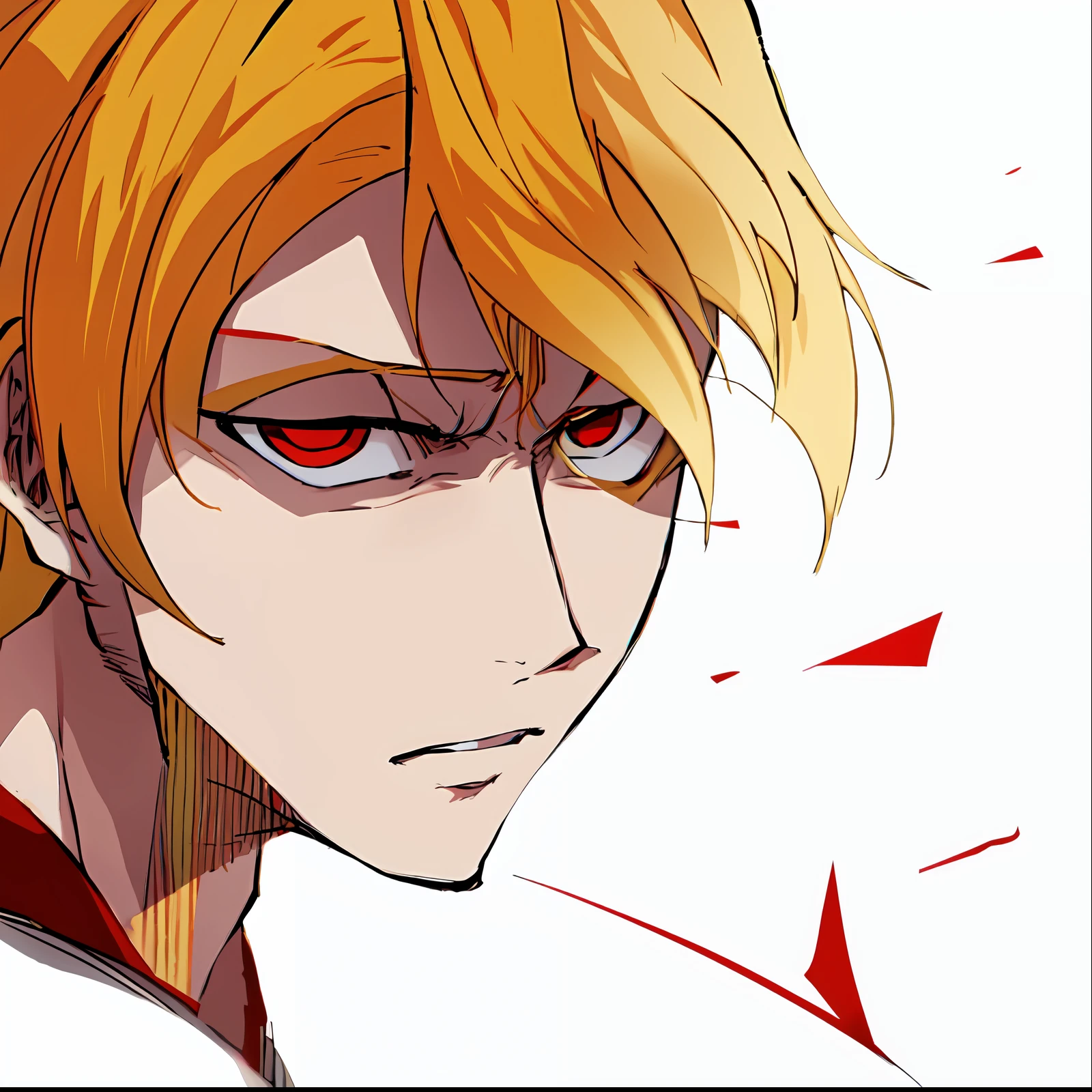 ein Anime von einem Mann mit blonden Haaren, rote Augen, Betrachter betrachten, wütend, verrückt, Farbmanga, Manga-Farbe, Farbmanga, Farbmanga panel, Einfacher Hintergrund, ein weißer Hintergrund