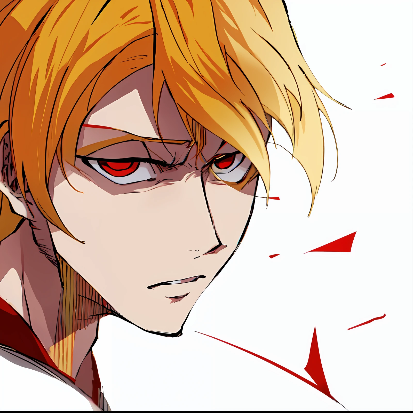 un anime d&#39;un homme aux cheveux blonds, les yeux rouges, regarder le spectateur, en colère, fou, manga couleur, couleur manga, manga couleur, manga couleur panel, fond simple, Un fond blanc