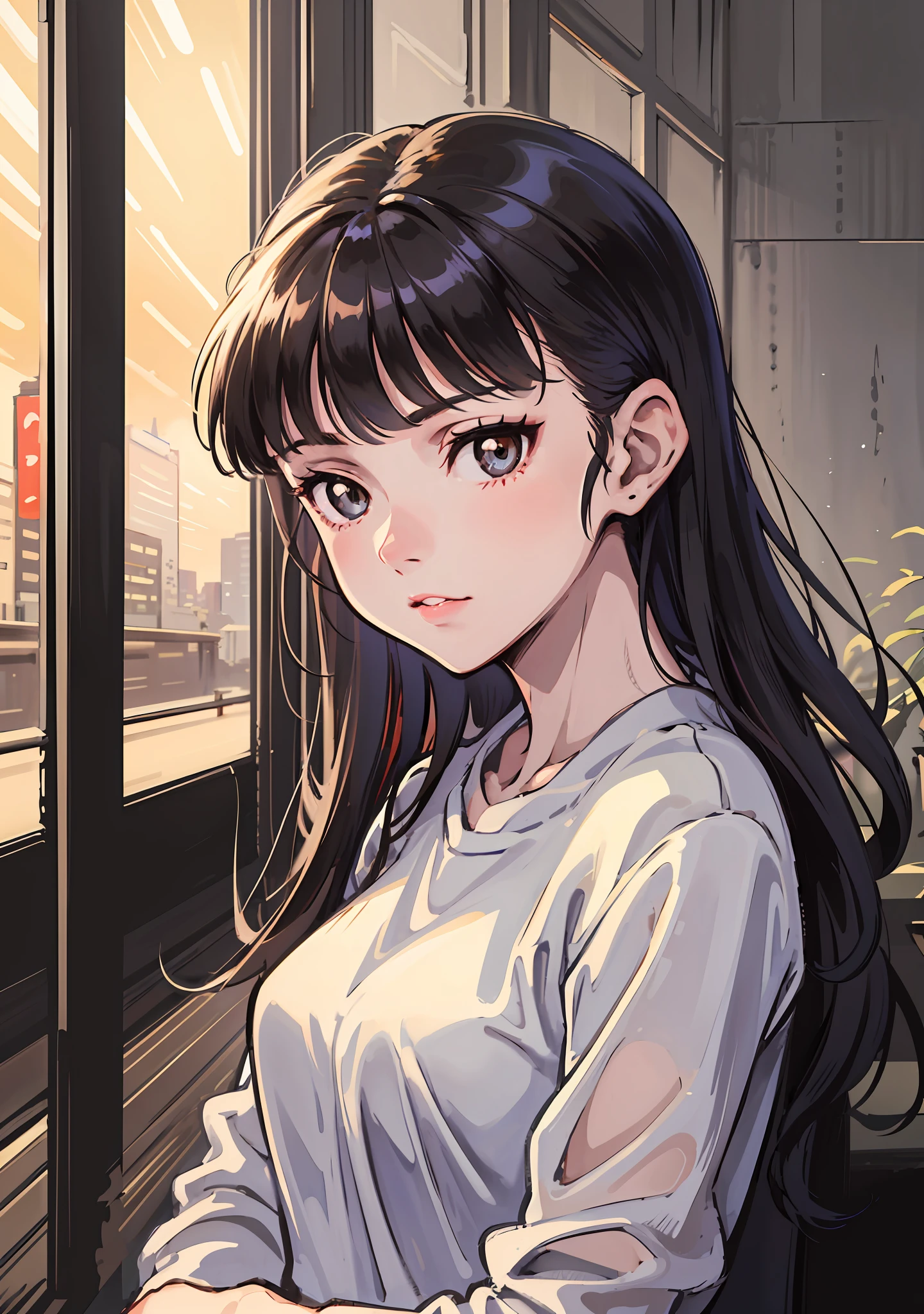 (highres, best quality:1.2), 1girl, Shaft artstyle, 1girl, sparkling eyes, radiance, soft contours, beautiful drawing, upper body, concept art, neon light, eyelashes, black hair, sakamoto mio, brown eyes, casual wear