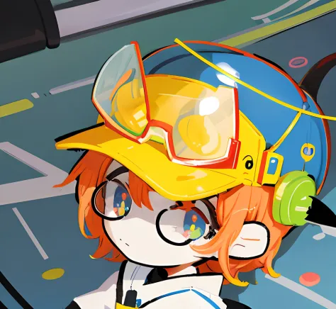 toy for cartoon boy wearing hat and goggles, with neon visor, wearing a strange hat, cute character, flat anime style shading, a...