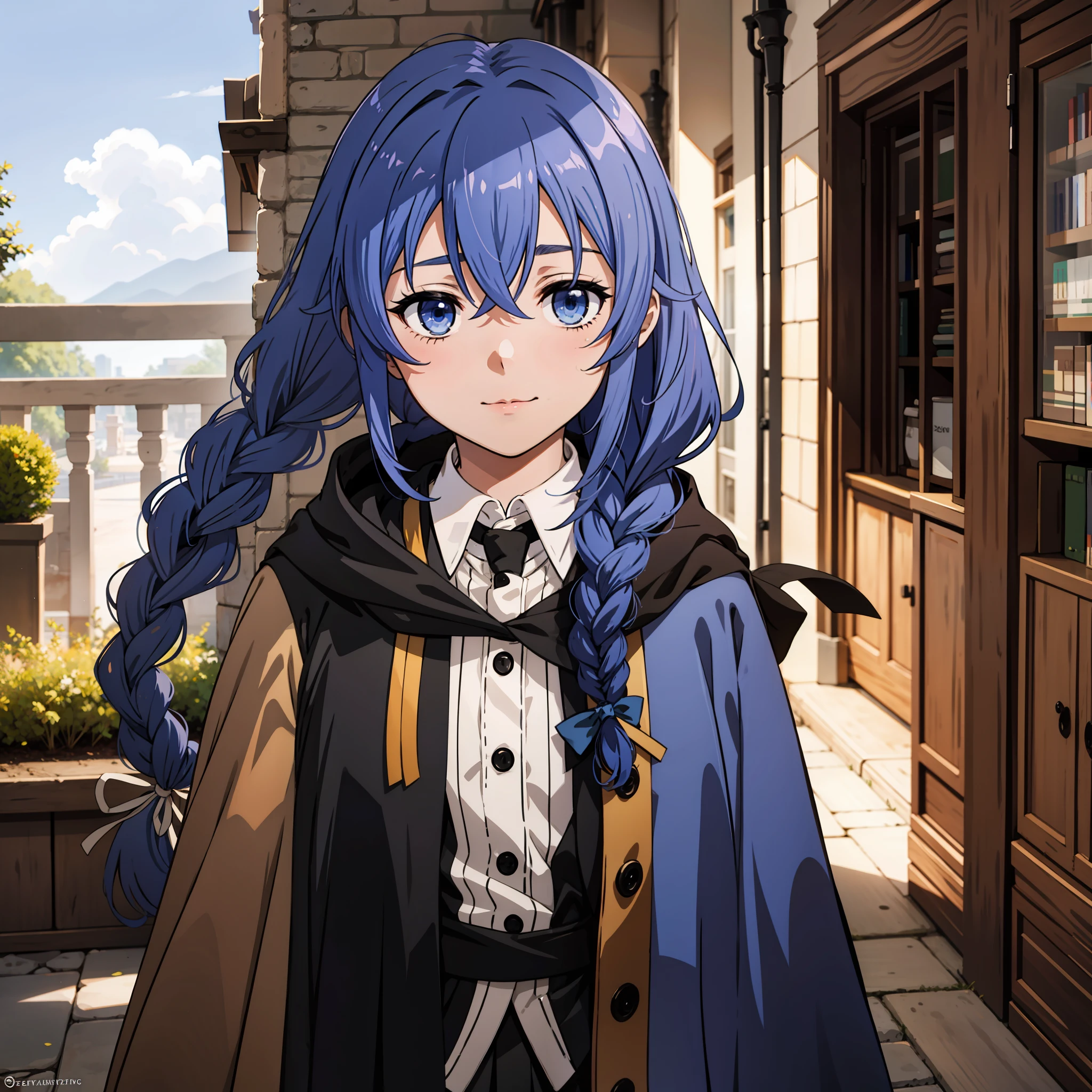 1girl in, Roxy Migurdia, Witch Hat, Blue eyes, Blue hair, twin braids, Twin-tailed, (Brown coat:1.1), Cape, robe, braided ponytails, knee boots, Witch, Holding, holding staff, Black socks, Hair Ribbon, bow ribbon, Looking at Viewer, sox, Smile, Closed mouth, plein air, Sun,, (masutepiece:1.2), hight resolution, Best Quality, 8K, Very Very Clear,crouching down　Panchira