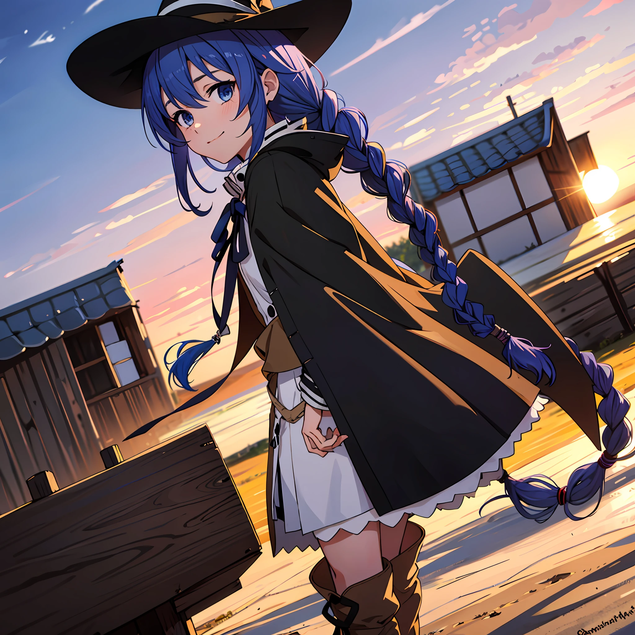 1girl in, Roxy Migurdia, Witch Hat, Blue eyes, Blue hair, twin braids, Twin-tailed, (Brown coat:1.1), Cape, robe, braided ponytails, knee boots, Witch, Holding, , Black socks, Hair Ribbon, bow ribbon, Looking at Viewer, sox, Smile, Closed mouth, plein air, Sun,, (masutepiece:1.2), hight resolution, Best Quality, 8K, Very Very Clear(((,crouching down　Panchira)))++　View from below