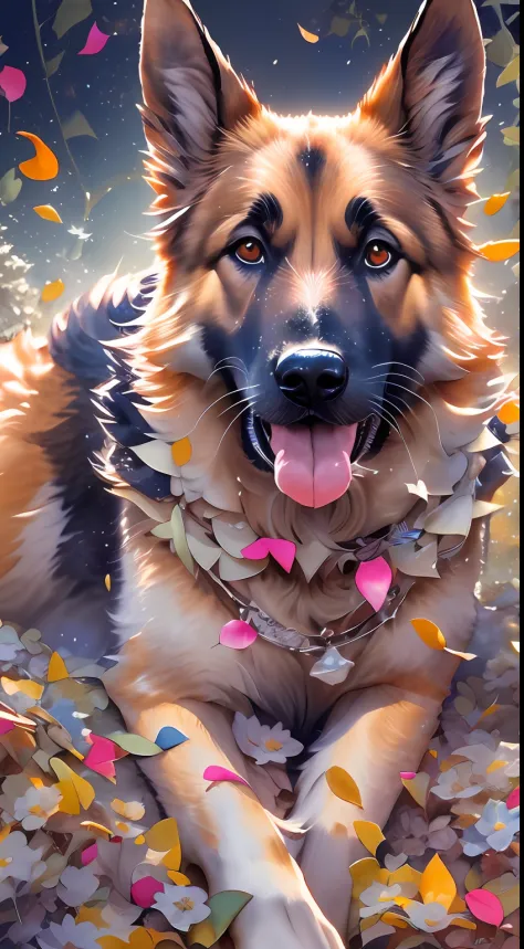 german shepherd dog,( watercolor \(medium\), iriscompiet:1.2),abstract background, fantasy, many colors, colorful, flower petals...