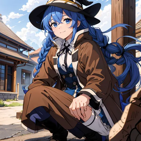 1girl in, roxy migurdia, witch hat, blue eyes, blue hair, twin braids, twin-tailed, (brown coat:1.1), cape, robe, braided ponyta...