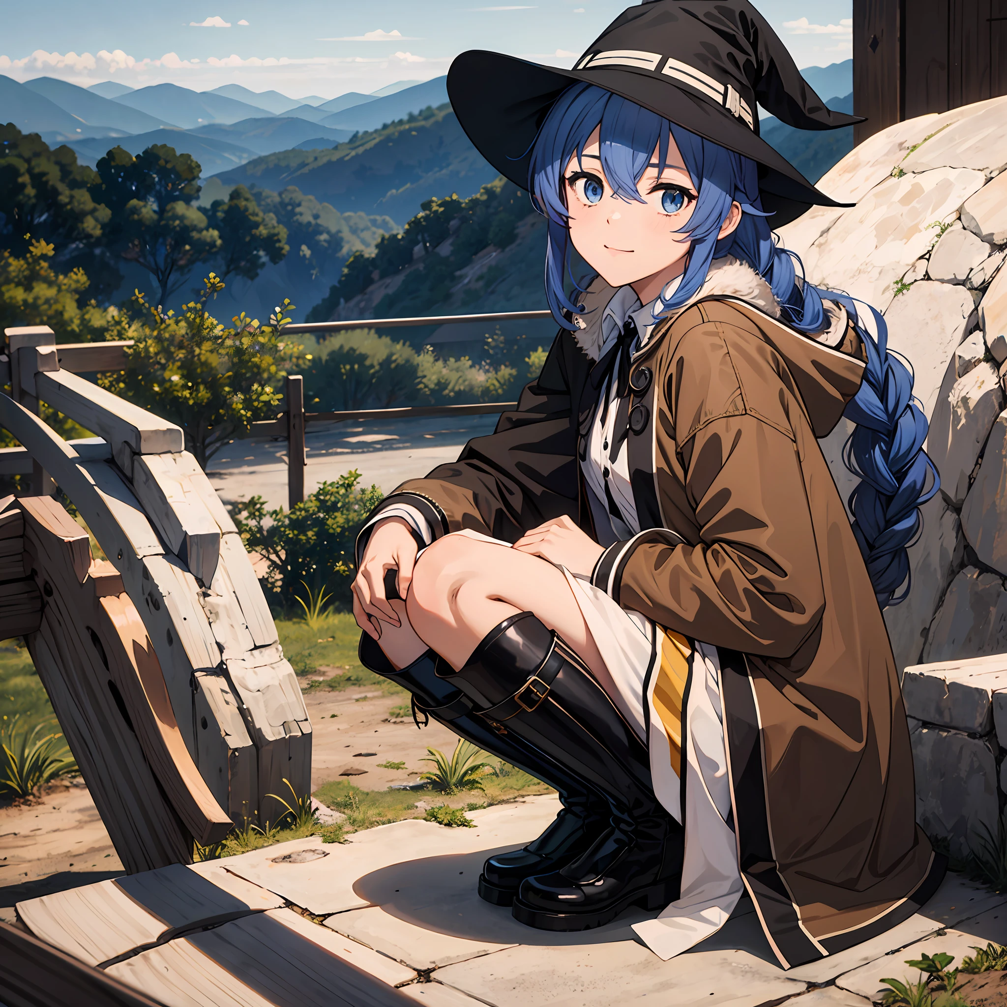 1girl in, Roxy Migurdia, Witch Hat, Blue eyes, Blue hair, twin braids, Twin-tailed, (Brown coat:1.1), Cape, robe, braided ponytails, knee boots, Witch, Holding, , Black socks, Hair Ribbon, bow ribbon, Looking at Viewer, sox, Smile, Closed mouth, plein air, Sun,, (masutepiece:1.2), hight resolution, Best Quality, 8K, Very Very Clear(((,crouching down　Panchira)))++　View from below