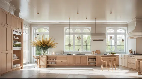 Minimalist kitchen，Flowers（1:0.1），sun's rays，an award winning masterpiece，Incredible details Large windows，highly  detailed，Harp...