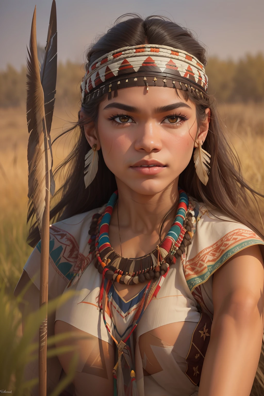 ((Zendaya is a native American woman)), ((who wears the typical clothes of a squaw)), (she stands on the prairie with a spear in her hand), ((skinny woman)), (small head), ((natural skin texture)), ((she has small round breasts)), ((Expressive detailed face)), (photorealestic), (Raytracing), (keen focus), ((full entire body)), ((windy upskirt))