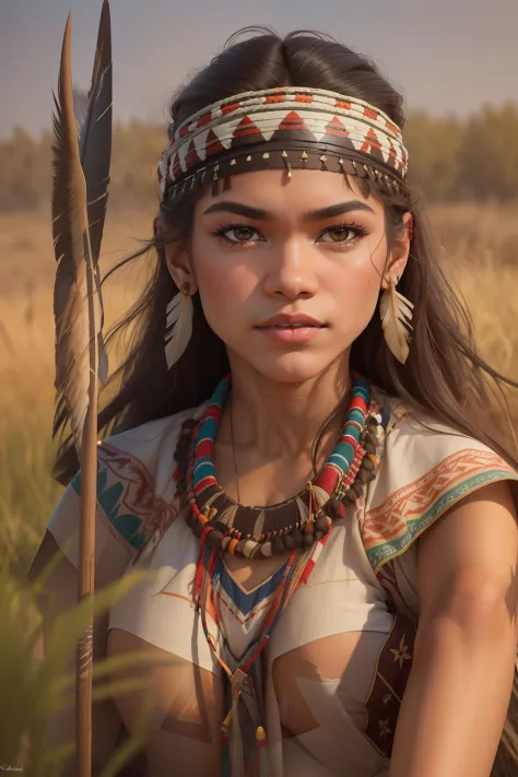 ((Zendaya is a native American woman)), ((who wears the typical clothes of a squaw)), (she stands on the prairie with a spear in...