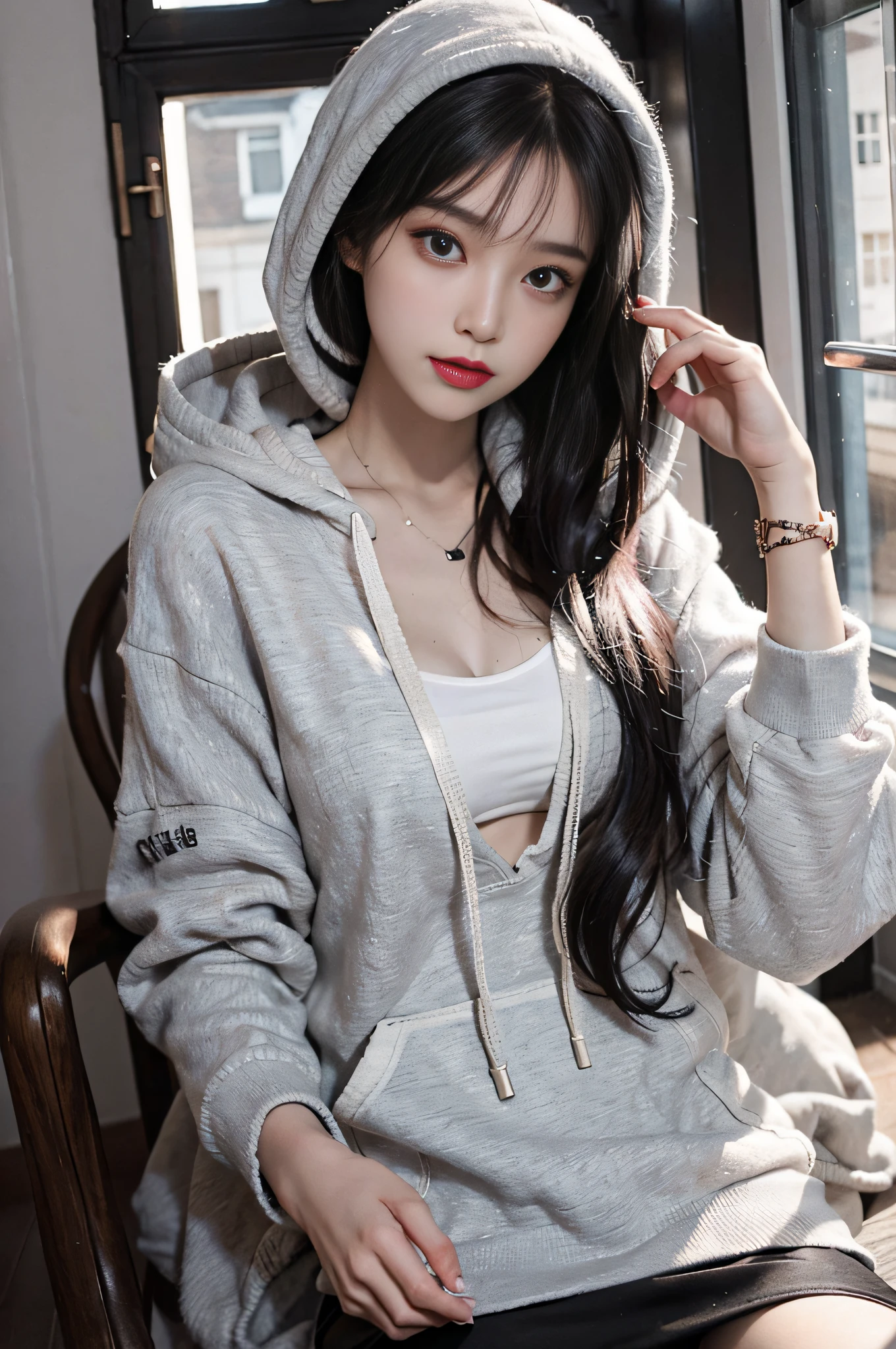 Top image quality、Raw photography、超A high resolution、1 cool Korean、big round chest、Hoodie without front closure、Inside the trimmed length、skirt by the、Beautiful Eyes of Details、elongated eyes、Eye lashes、Beautiful double eyelids、eyeshadows、Slender eyes、耳Nipple Ring、