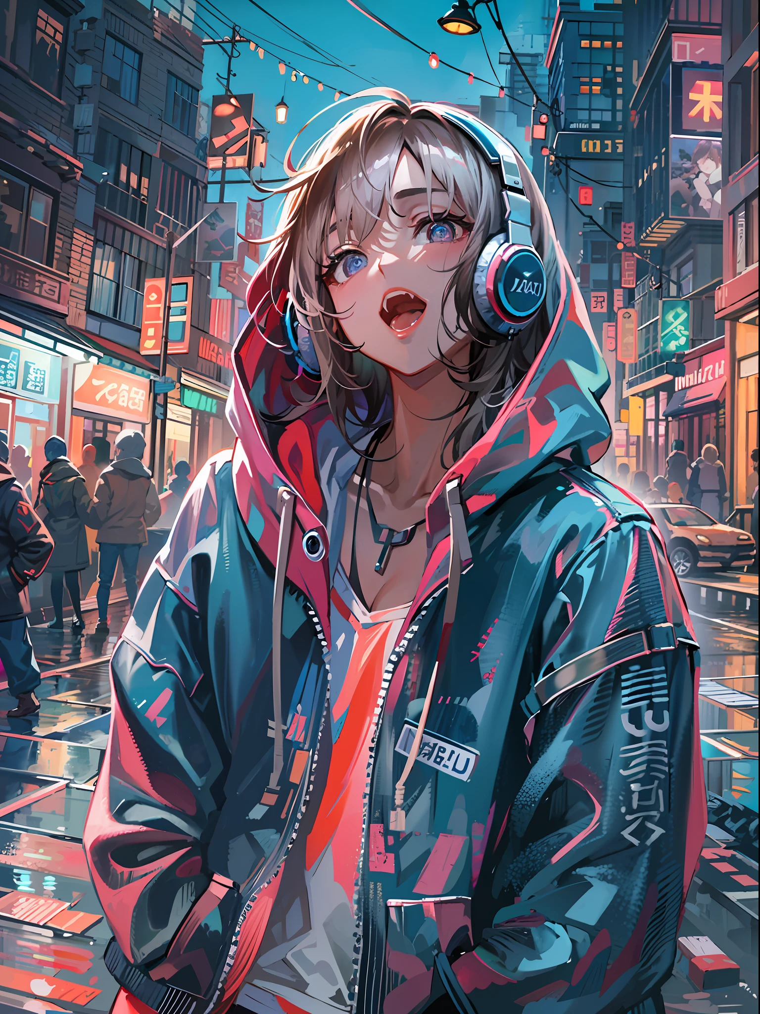 8K resolution、((top-quality))、((​masterpiece))、((Ultra-detail))、1 woman、solo、incredibly absurdness、Oversized hoodies、headphones、Street、plein air、Sateen、Neon Street、Shortcut Hair、Brightly colored eyes、Hands in pockets、shortpants、water dripping