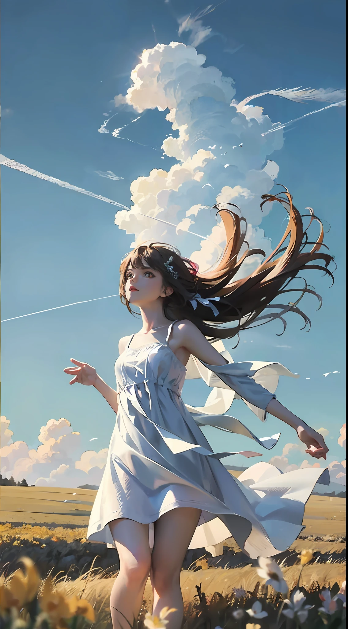 meadow, blue sky, white cumulonimbus, contrails, shining sun, meadow grass swaying in the wind, photo quality, live action, reality, transparency, realistic depiction, 8K quality, UHD, DSLR, high quality, film grain, fujifilm XT3, girl in white camisole dress, standing figure, barefoot, hair swaying in the wind, hair up to shoulders, big, big eyes,